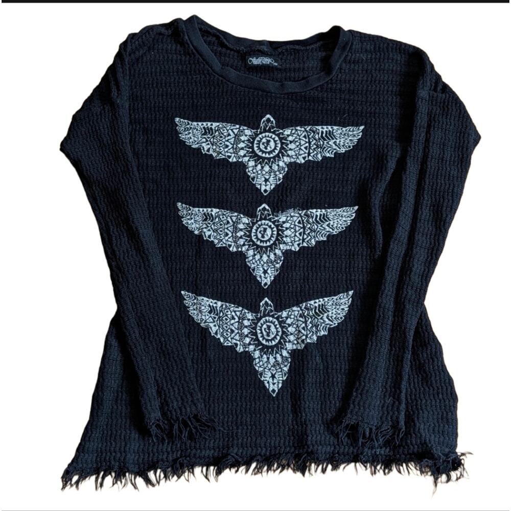 Lauren Moshi Designer Boho Southwestern Crow Bird Fringe Hem Long Sleeve Shirt